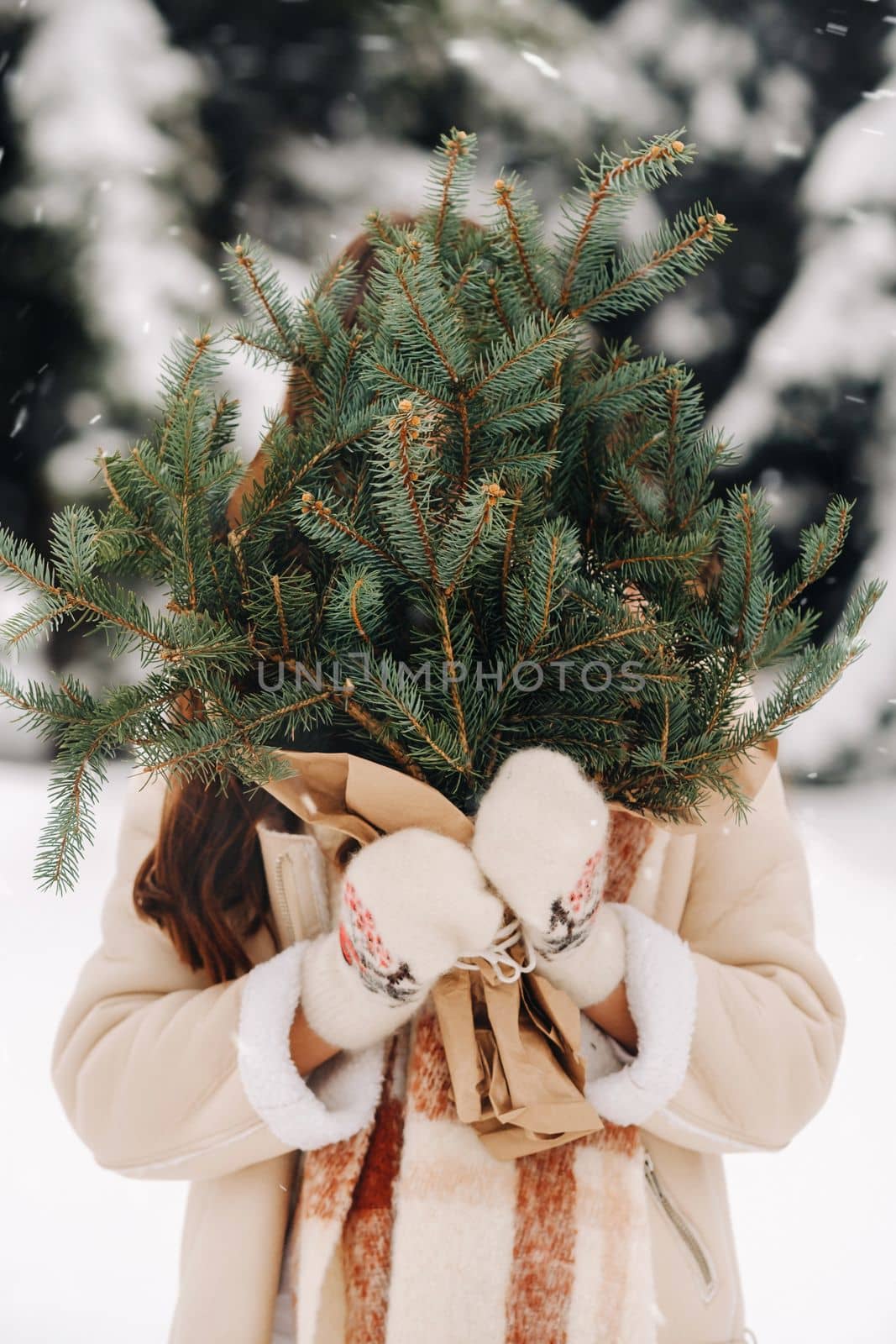 A girl in a winter forest with a bouquet of fir branches. Snowy winter by Lobachad