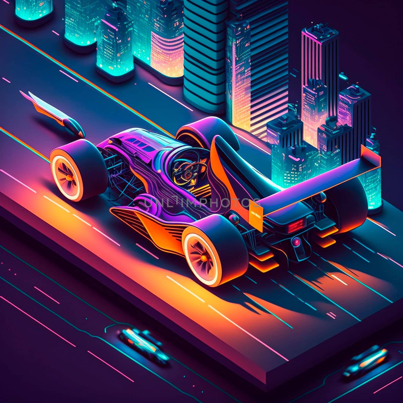 Neon racing car of the future rushes along the roads of the night city. Backlight, neon, isometry by NeuroSky