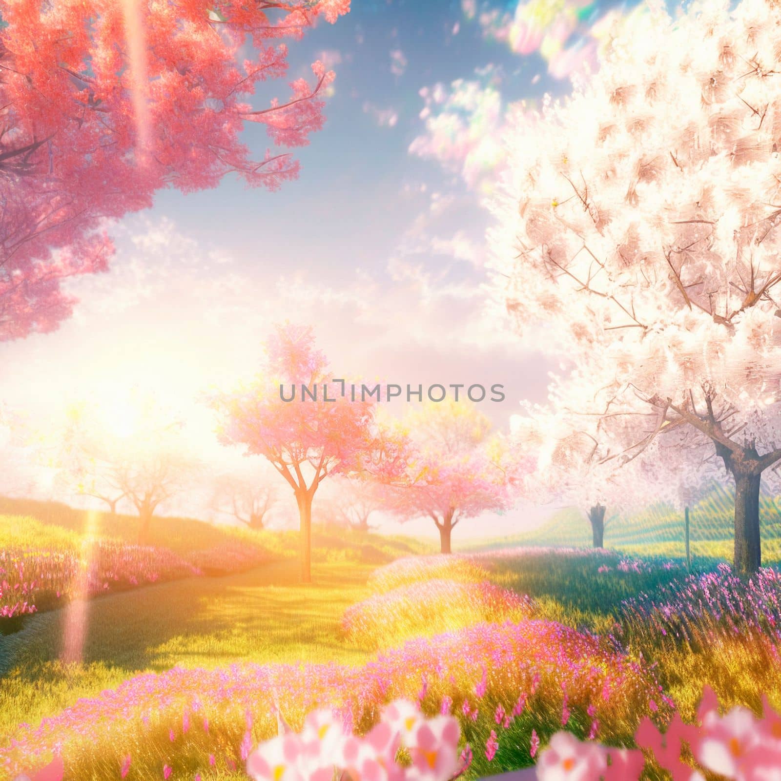illustration of a fantasy spring world with bright sun and cherry blossoms. High quality illustration