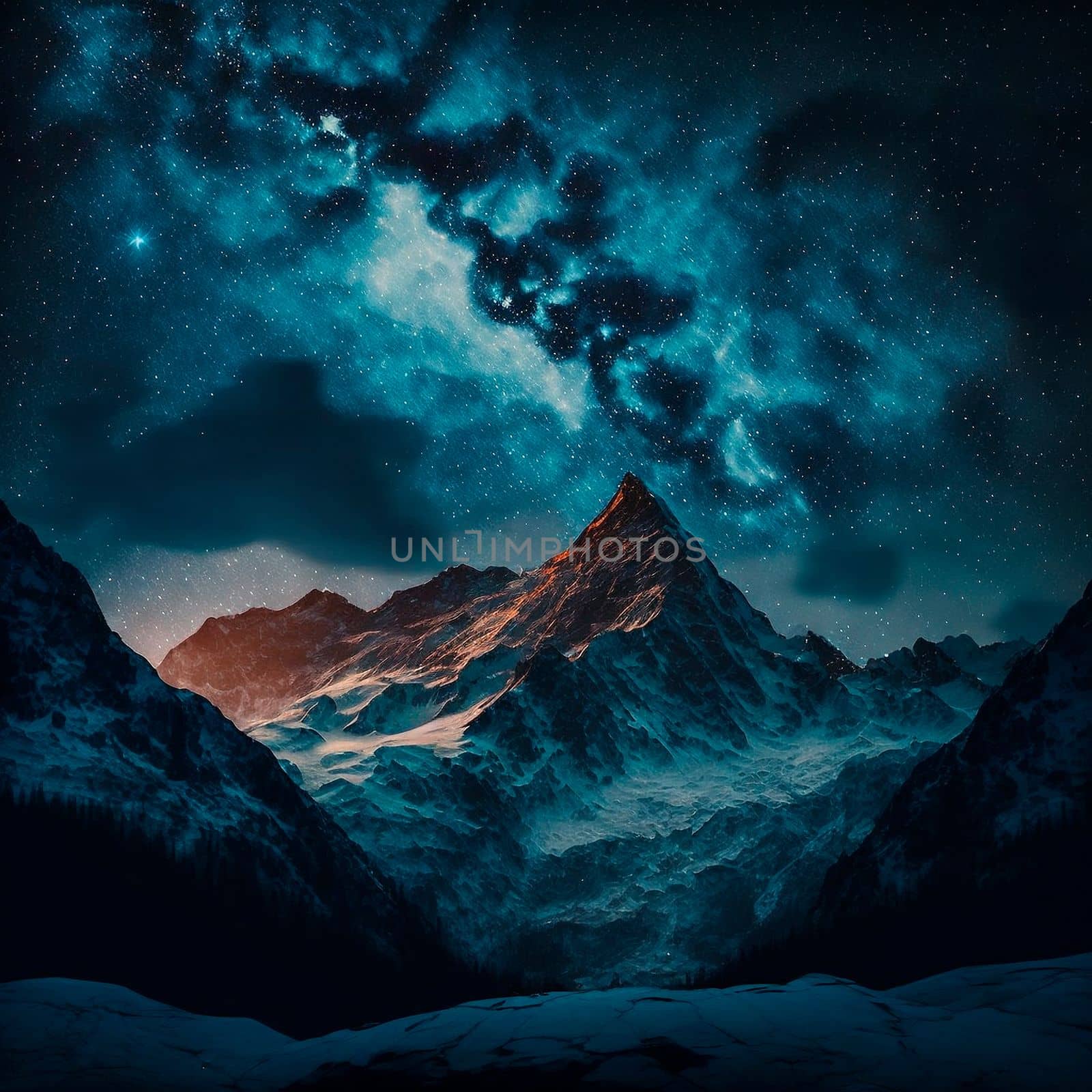 Mountains under the starry sky. High quality illustration