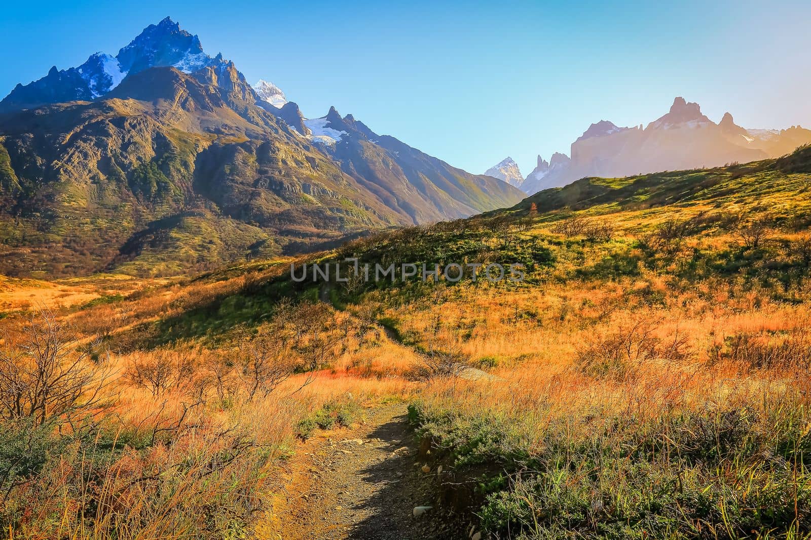 Horns of Paine and dramatic landscape at sunset, Torres Del Paine, Patagonia, Chile