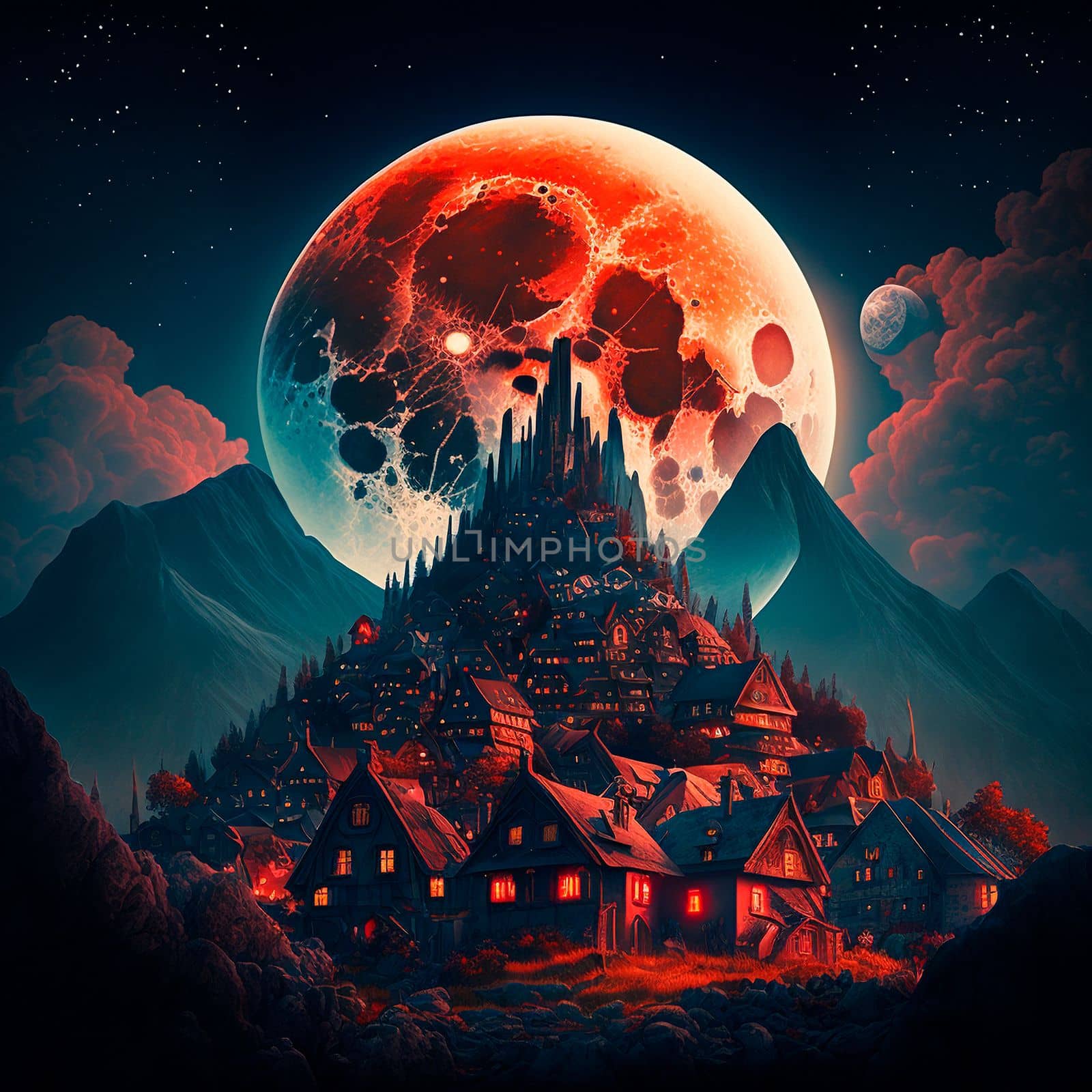 A cartoon image of a fantasy town against the background of a huge red moon. High quality photo