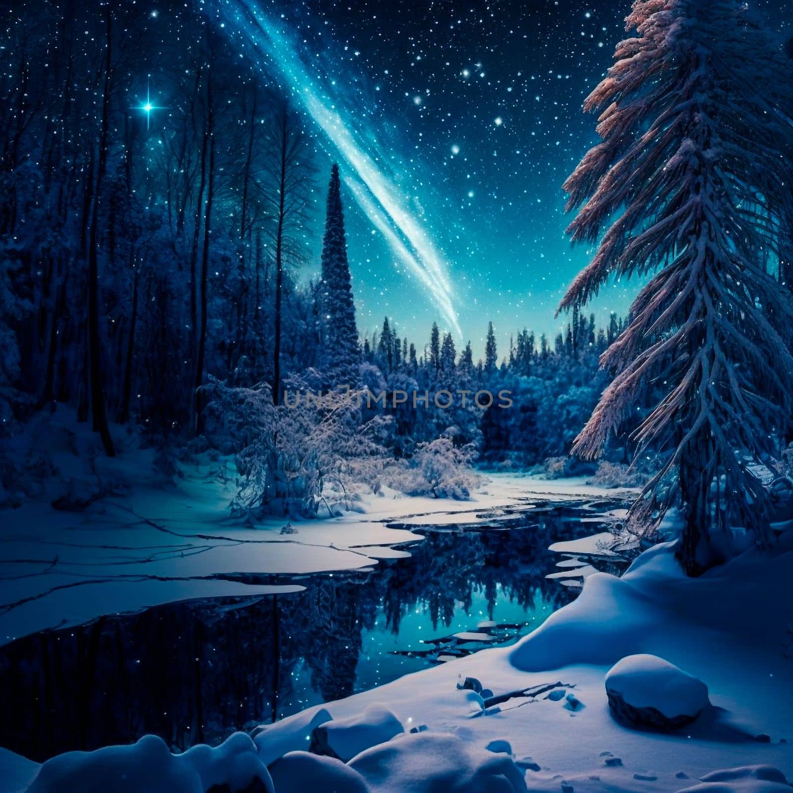 Bright starry sky in the winter forest . High quality illustration