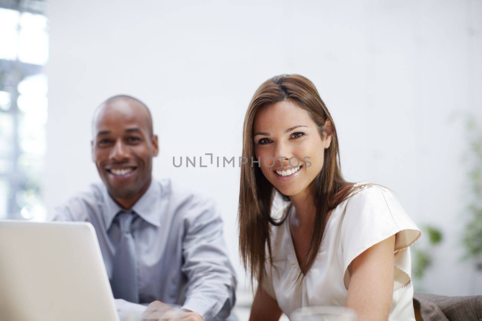 Business and beauty in focus. Portrait of a two young executives working on a laptop together