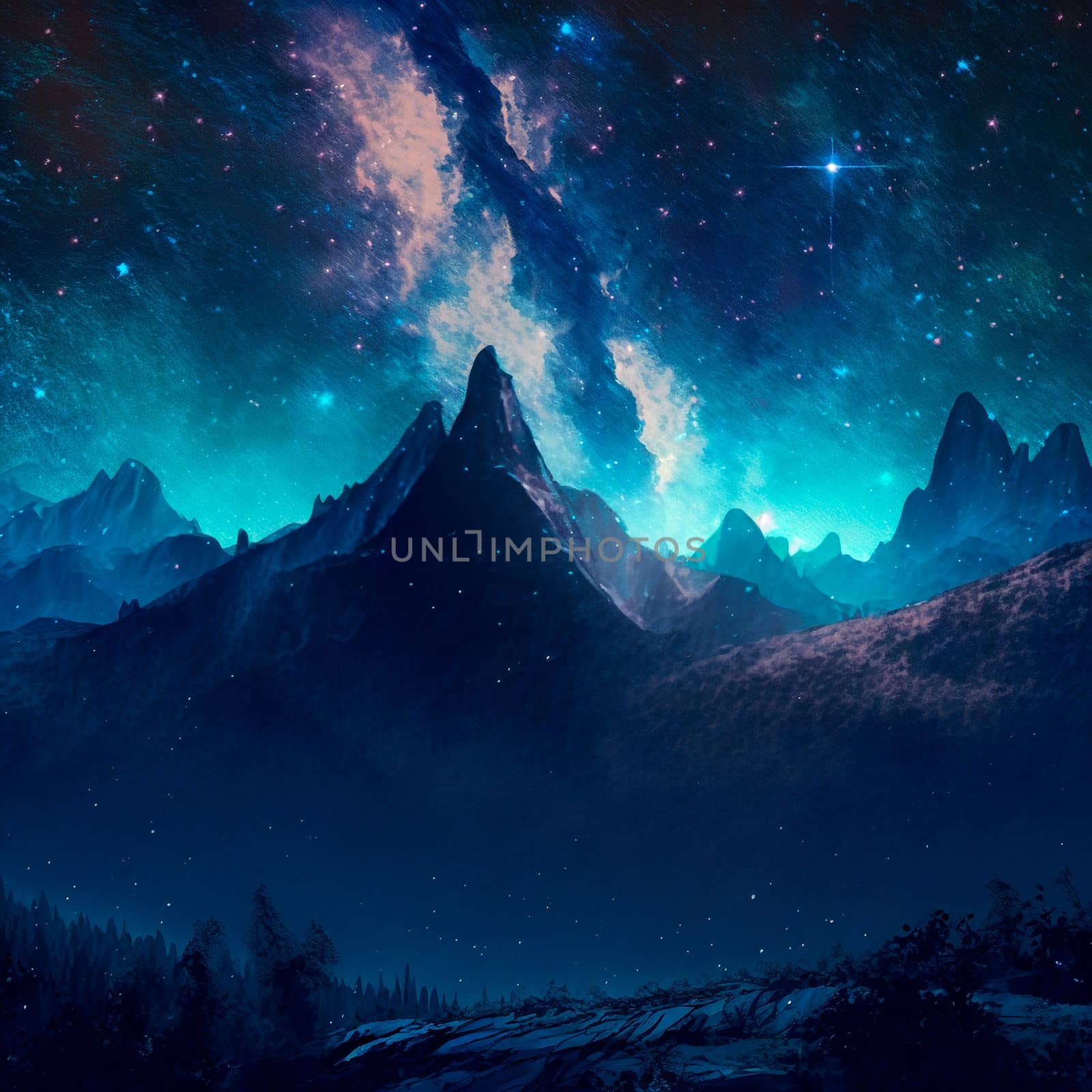 Mountains under the starry sky. High quality illustration
