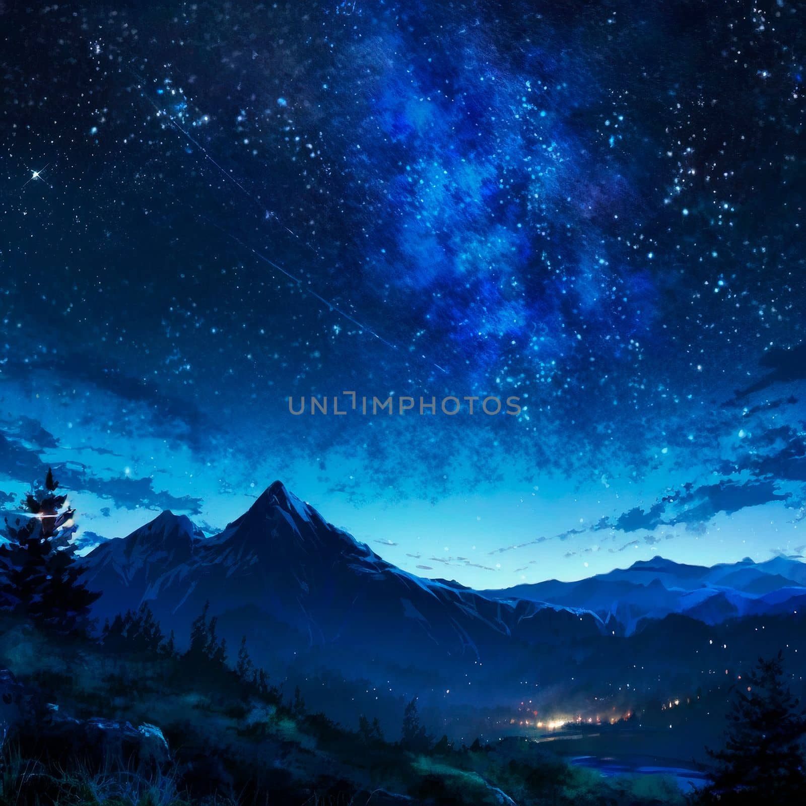 Mountains under the starry sky. High quality illustration