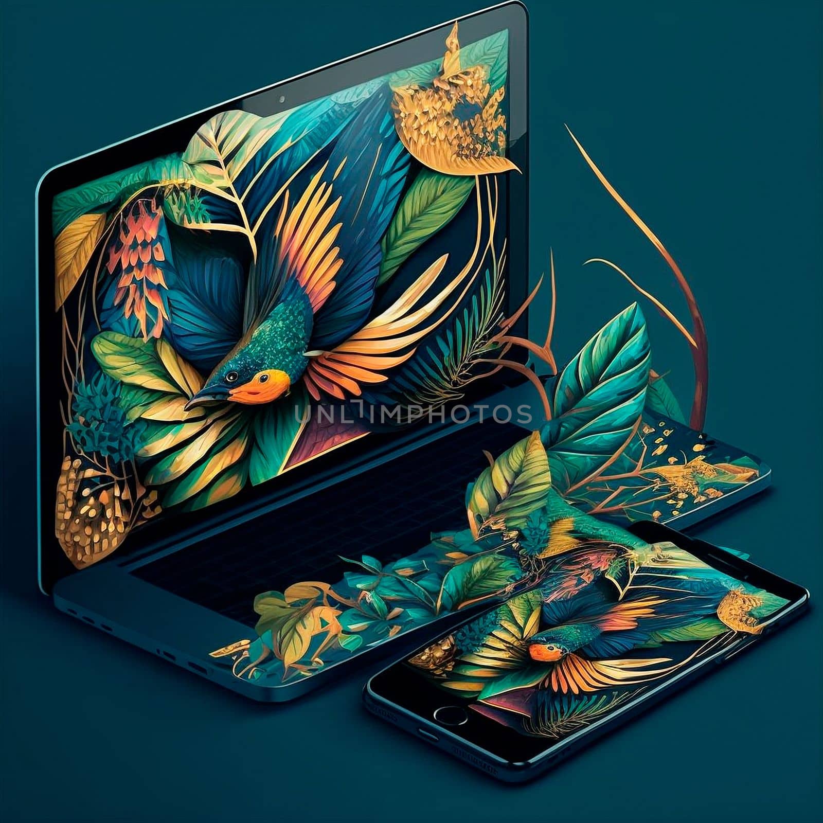 nature breaks out of the phone, tablet, laptop. Design, graphics. Image on tablet and phone side by side, graphics, graphic design. High quality illustration