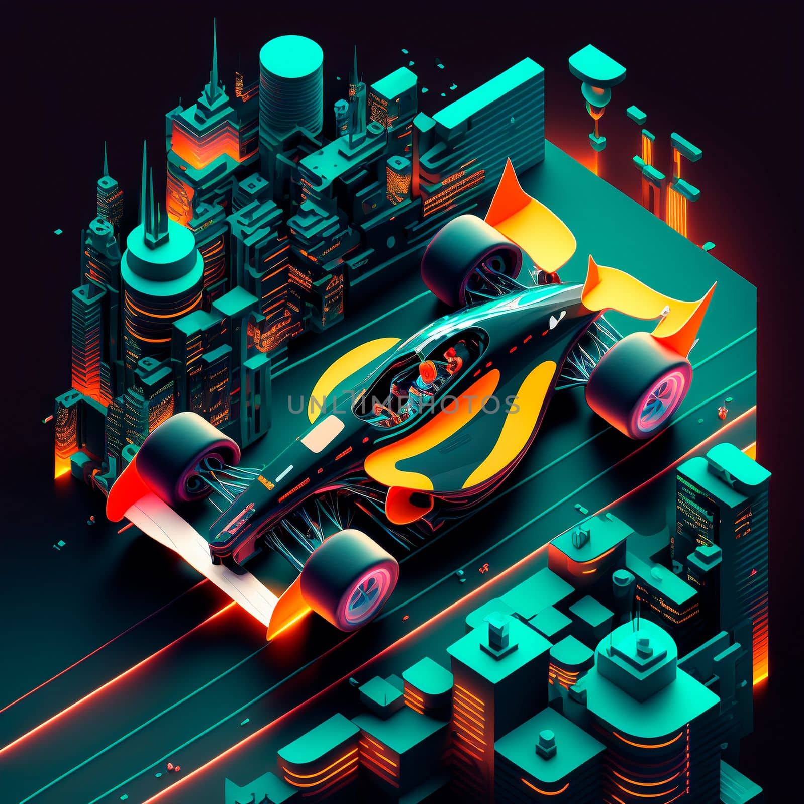 Neon racing car of the future rushes along the roads of the night city. Backlight, neon, isometry. High quality illustration