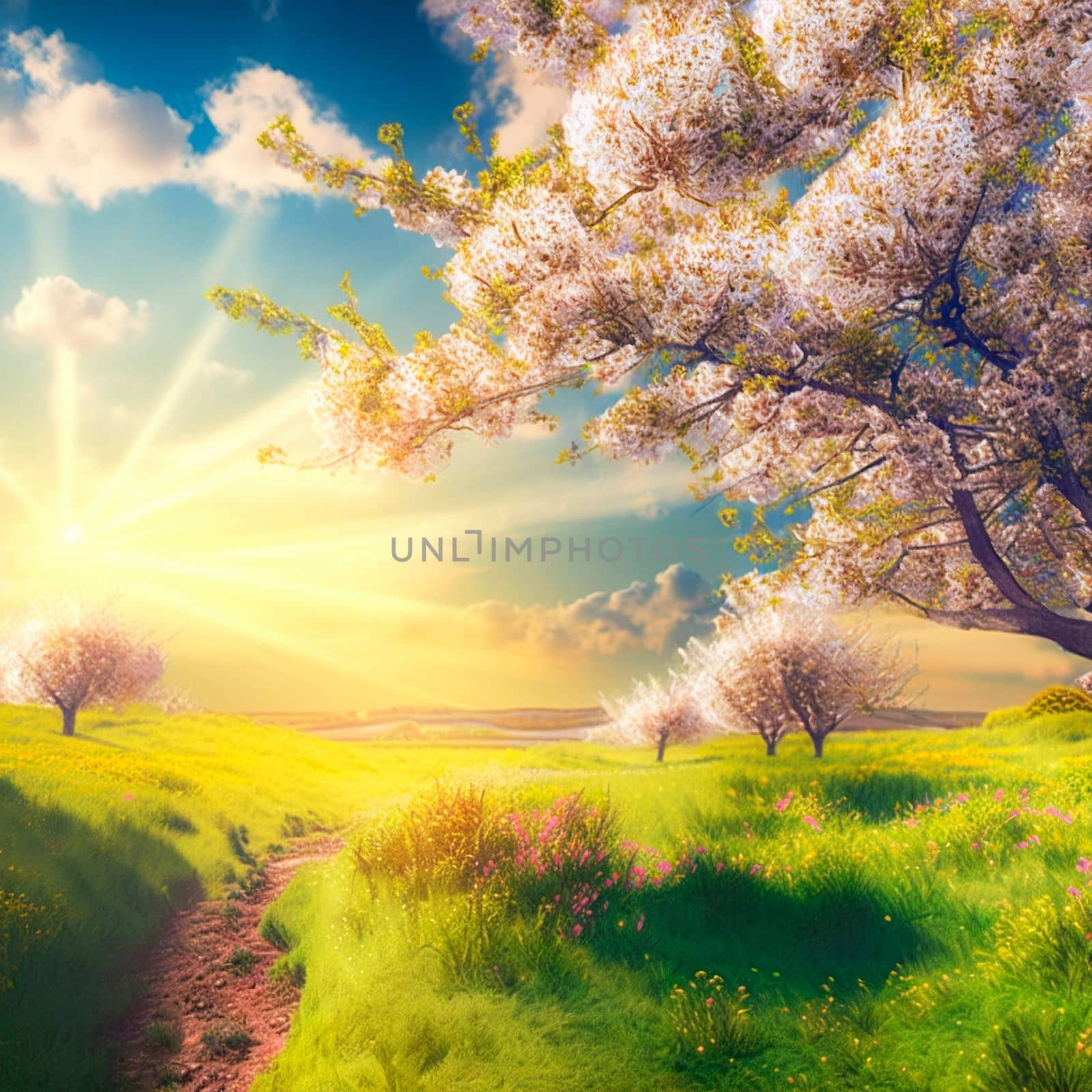 illustration of a fantasy spring world with bright sun and cherry blossoms. High quality illustration