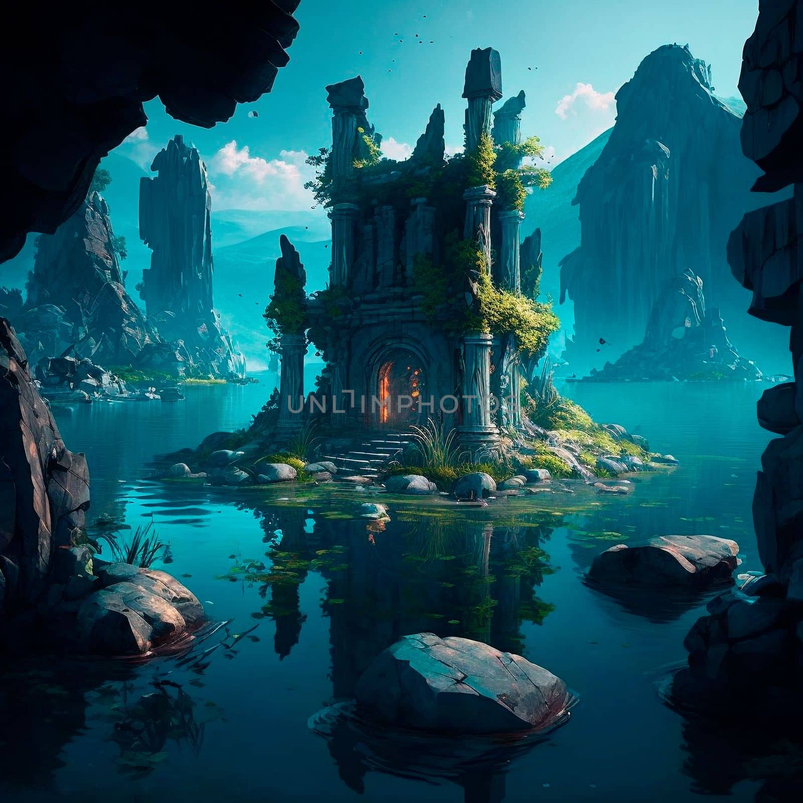 Mystical mysterious ruins on the lake islands. High quality illustration