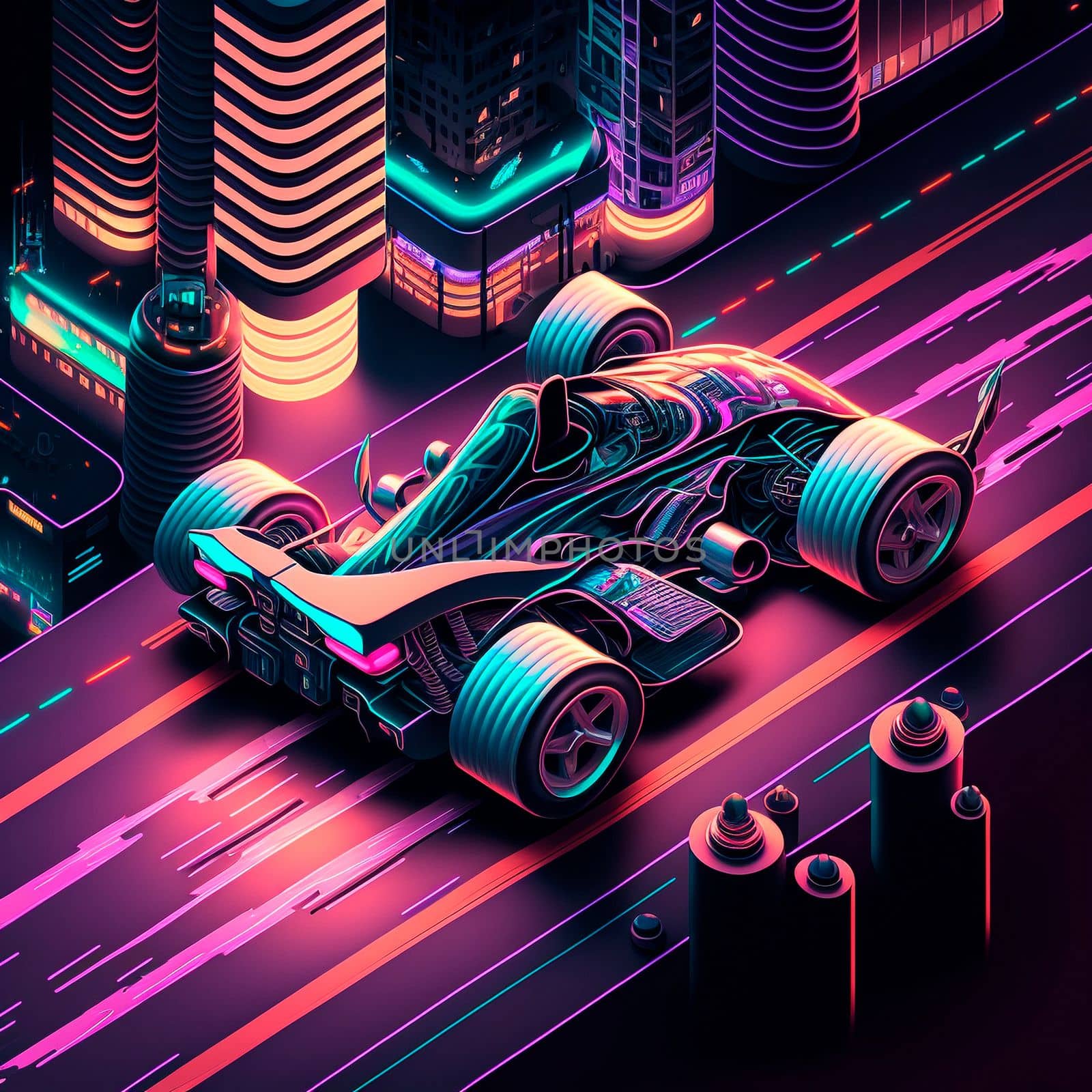 Neon racing car of the future rushes along the roads of the night city. Backlight, neon, isometry. High quality illustration