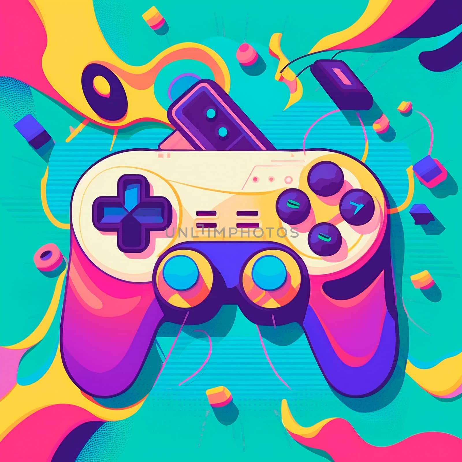 A gamepad in the style of pop art and anime. High quality illustration