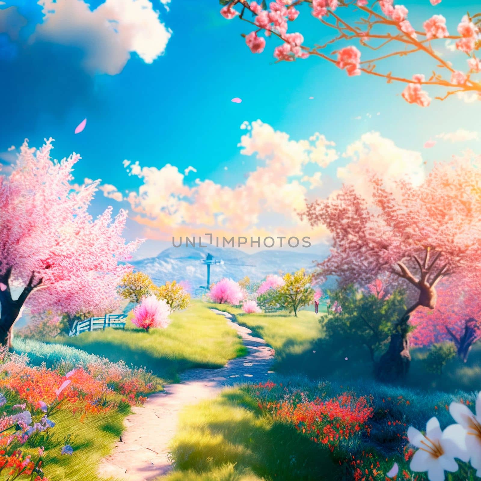 illustration of a fantasy spring world with bright sun and cherry blossoms. High quality illustration