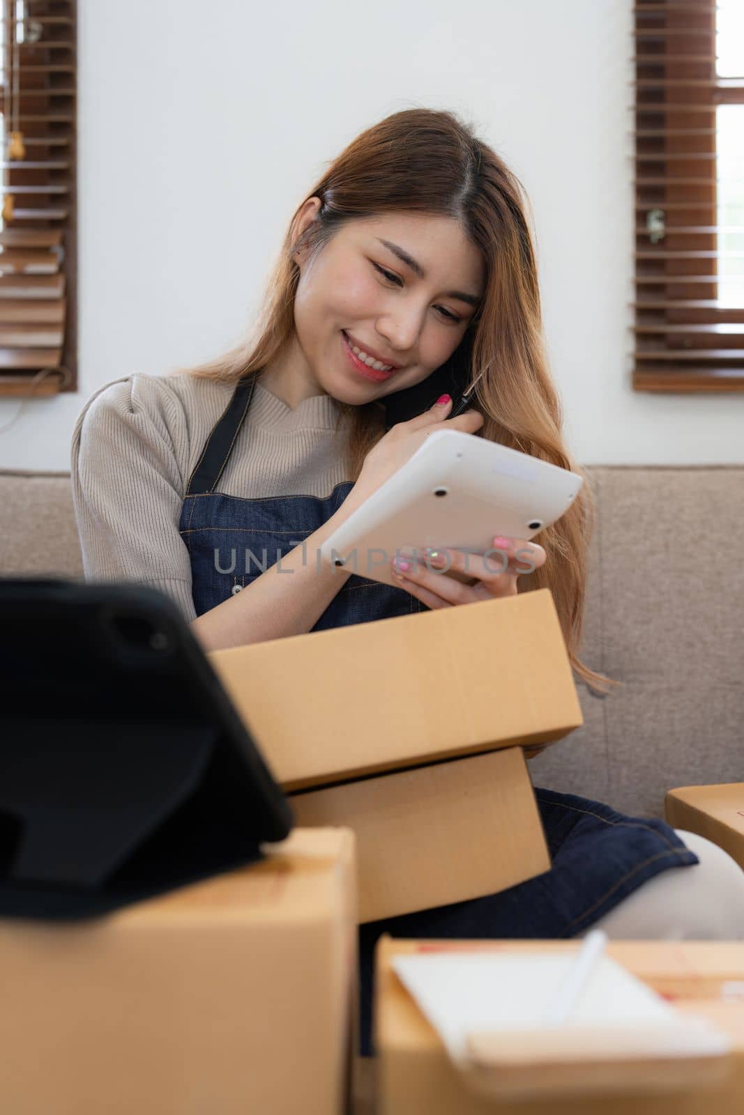 Startup small business entrepreneur of freelance Asian woman using a laptop with box Cheerful success online marketing packaging box and delivery SME idea concept.