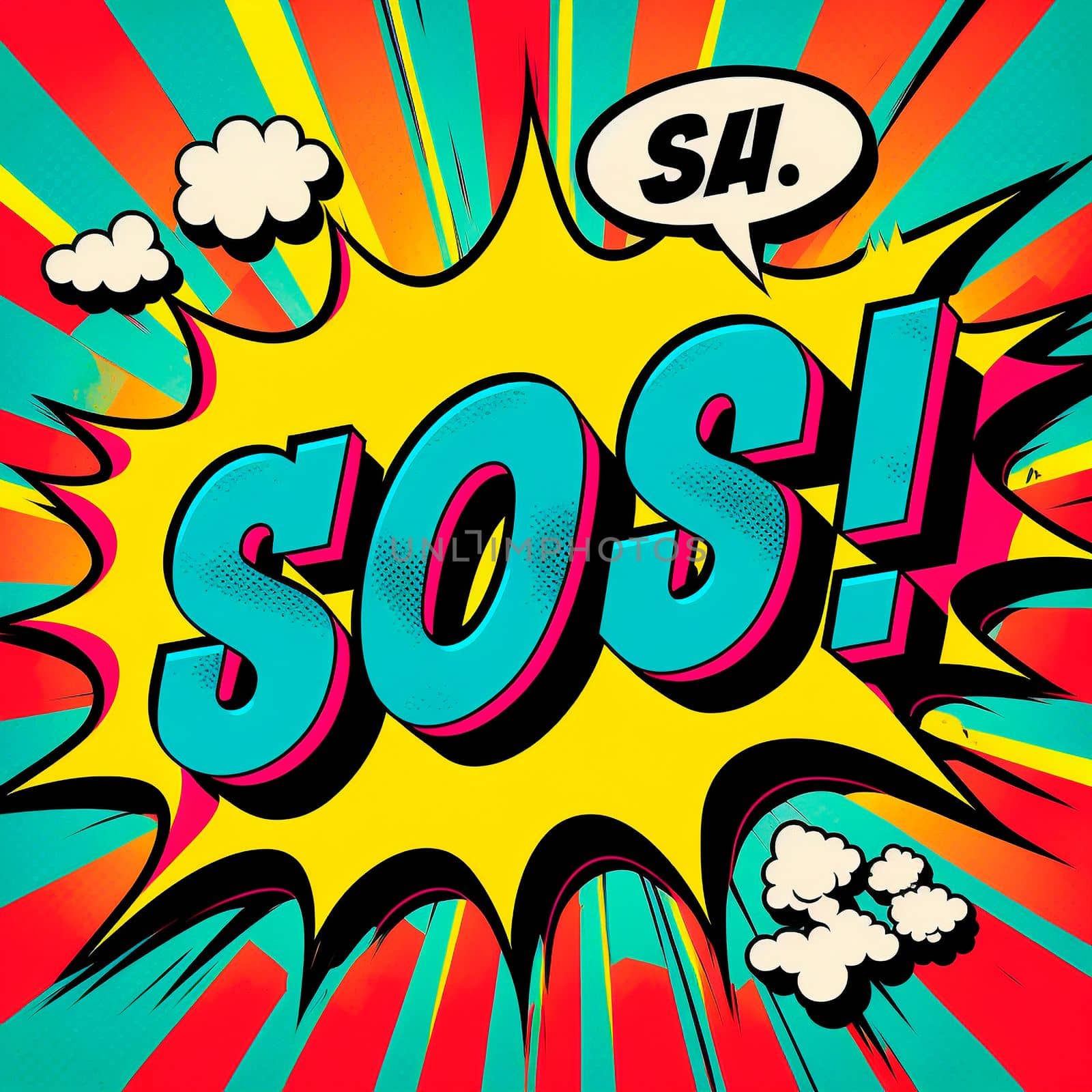 Cartoon sign of burst clouds with the word SOS. High quality illustration