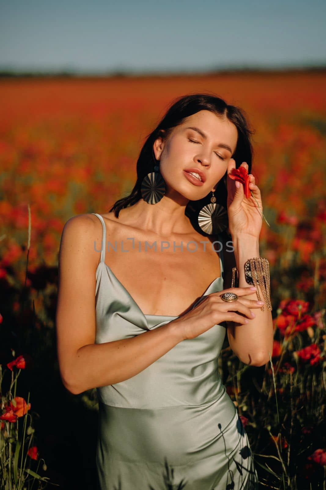 Portrait of a girl in a dress on a poppy field at sunset by Lobachad