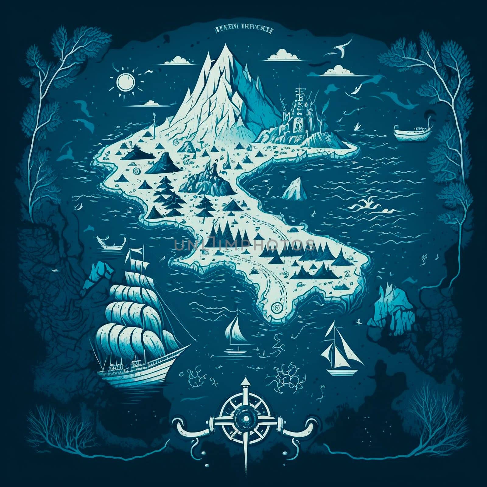 beautiful blue treasure and island map, travel map. High quality illustration