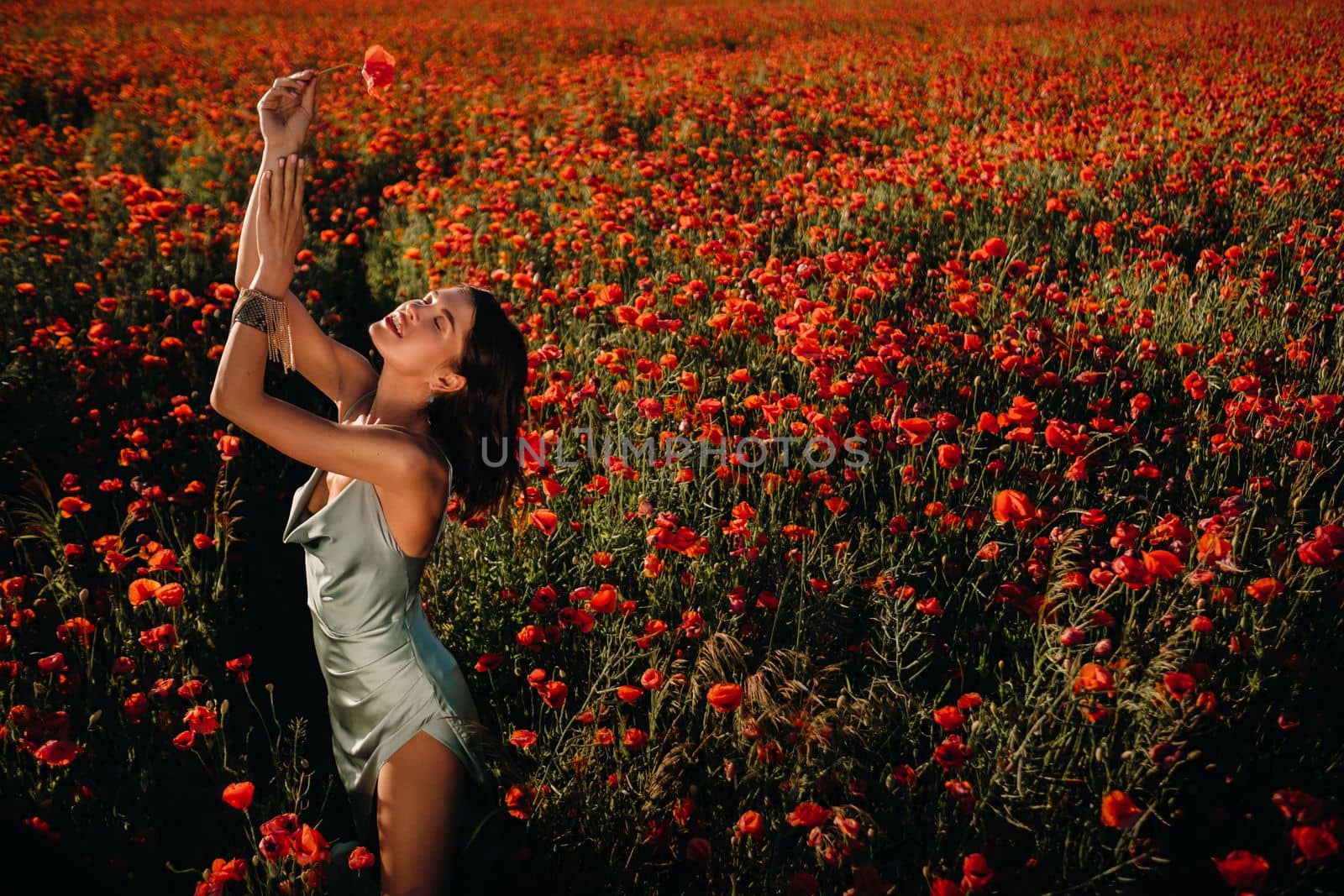 Portrait of a girl in a dress on a poppy field at sunset.