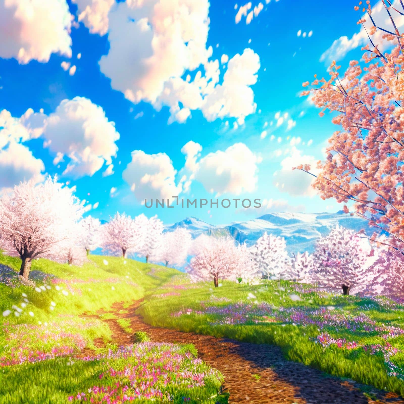 illustration of a fantasy spring world with bright sun and cherry blossoms by NeuroSky