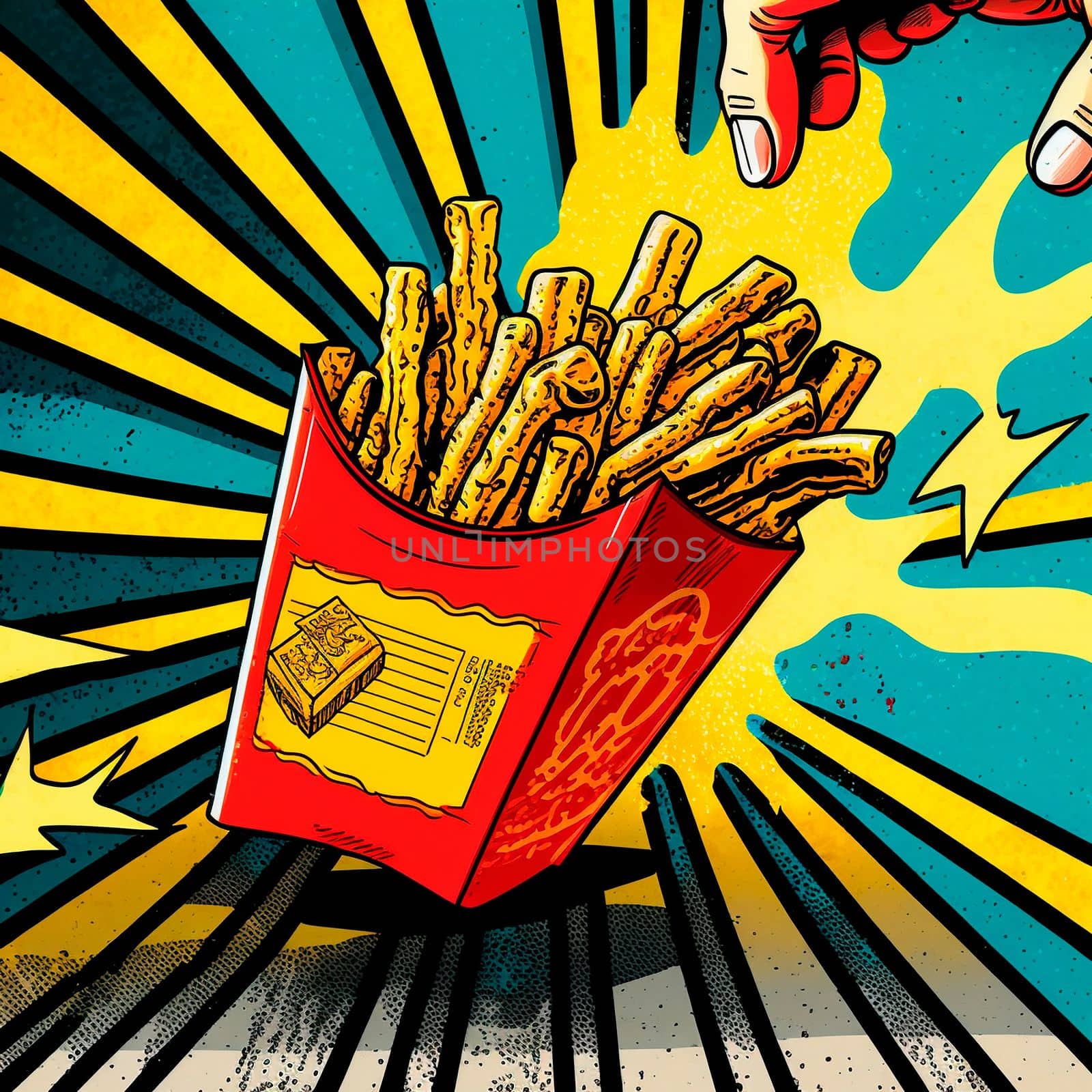 french fries in red packaging, retro art. High quality illustration
