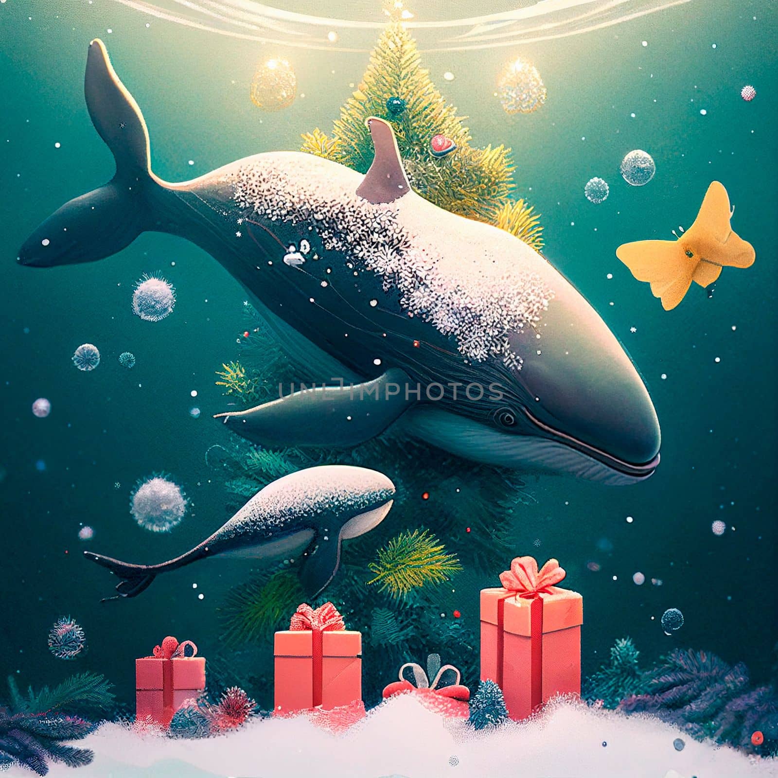 Christmas whales with gifts. High quality illustration