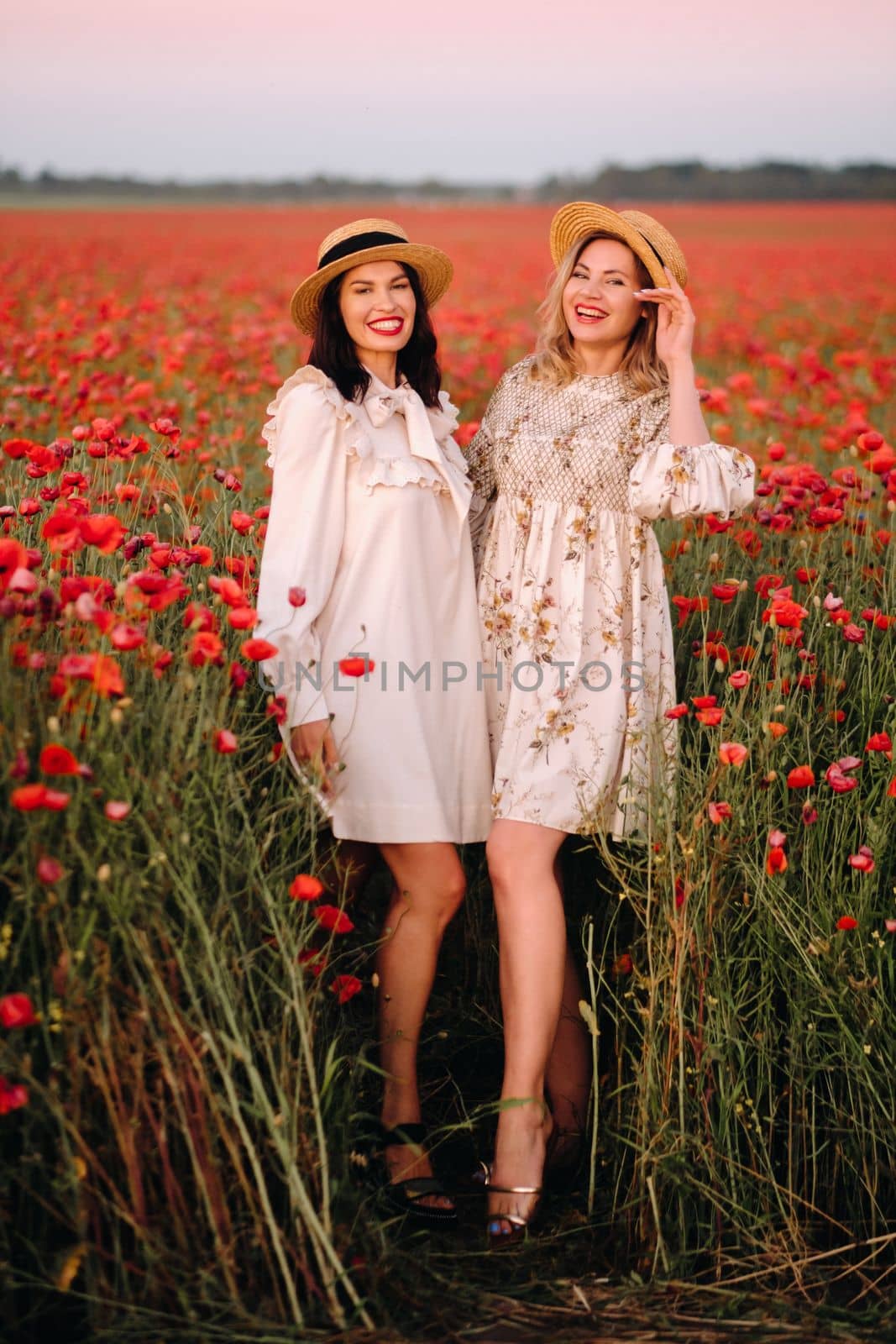 Two girlfriends in dresses and a hat in a poppy field in summer at sunset.