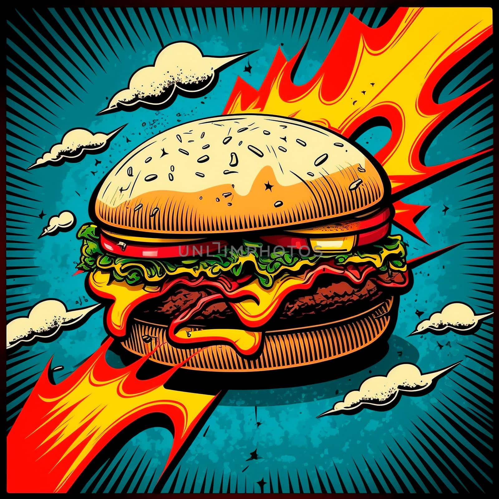 burger image, drawing, retro art. High quality illustration