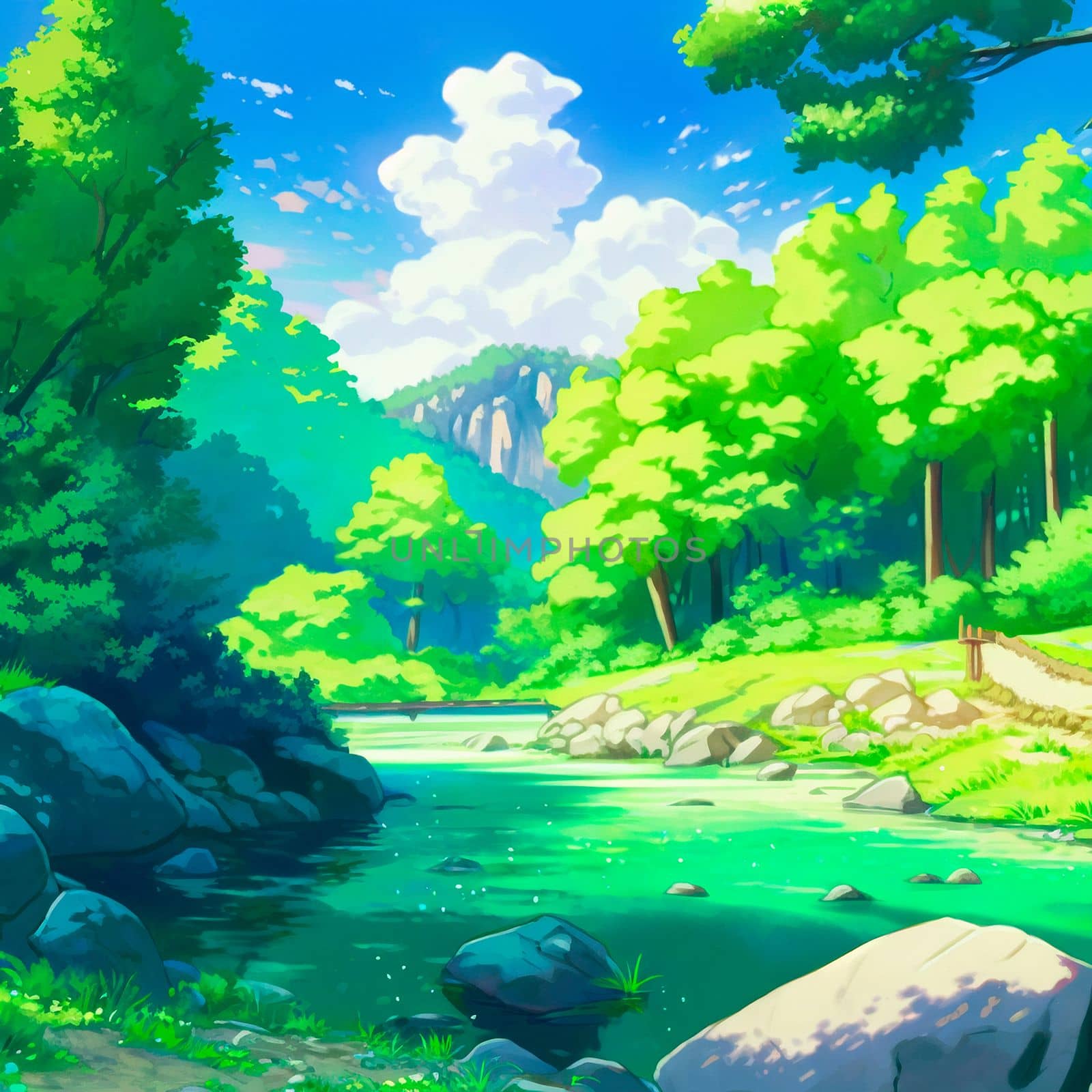 Sunny day on the river in Anime style. High quality illustration