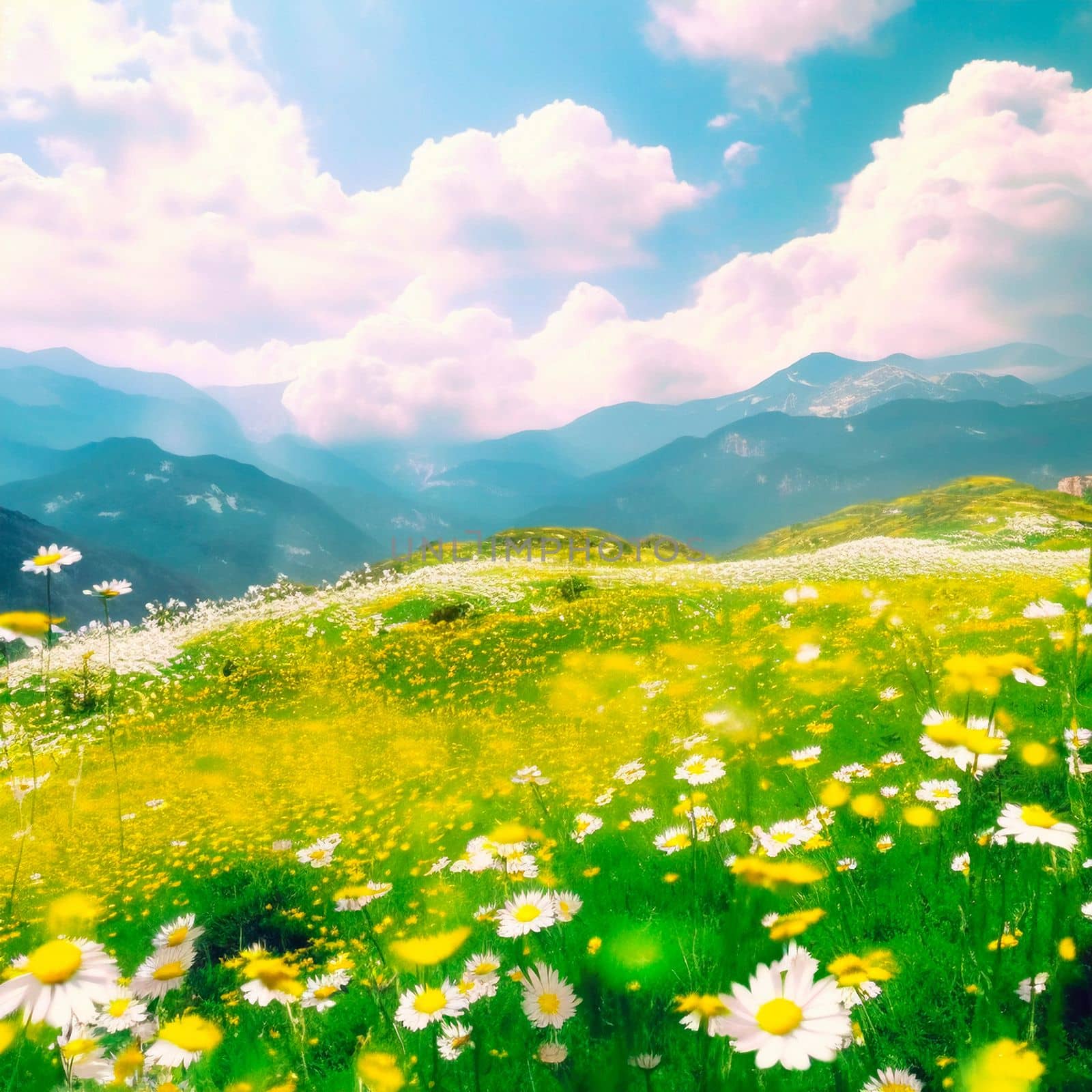 Chamomile field in the mountains. High quality illustration
