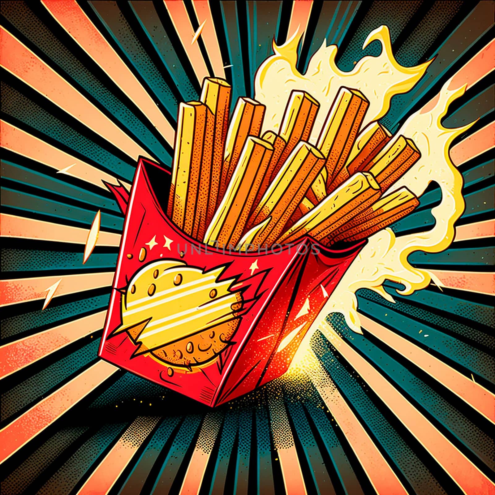 french fries in red packaging, retro art. High quality illustration