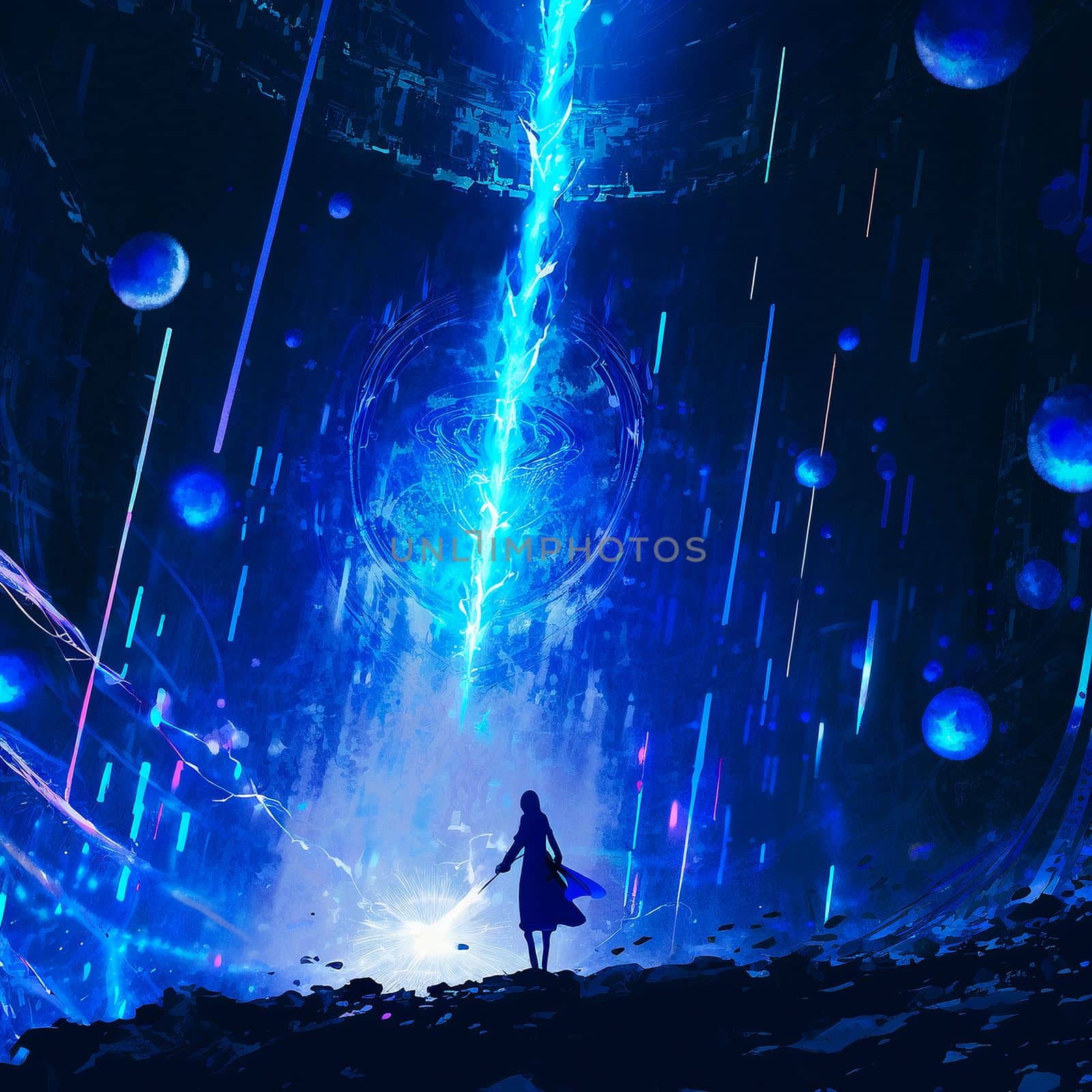 Silhouette of a girl with a magic sword. High quality illustration