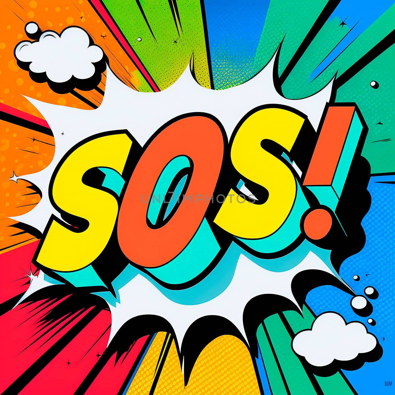 Cartoon sign of burst clouds with the word SOS by NeuroSky