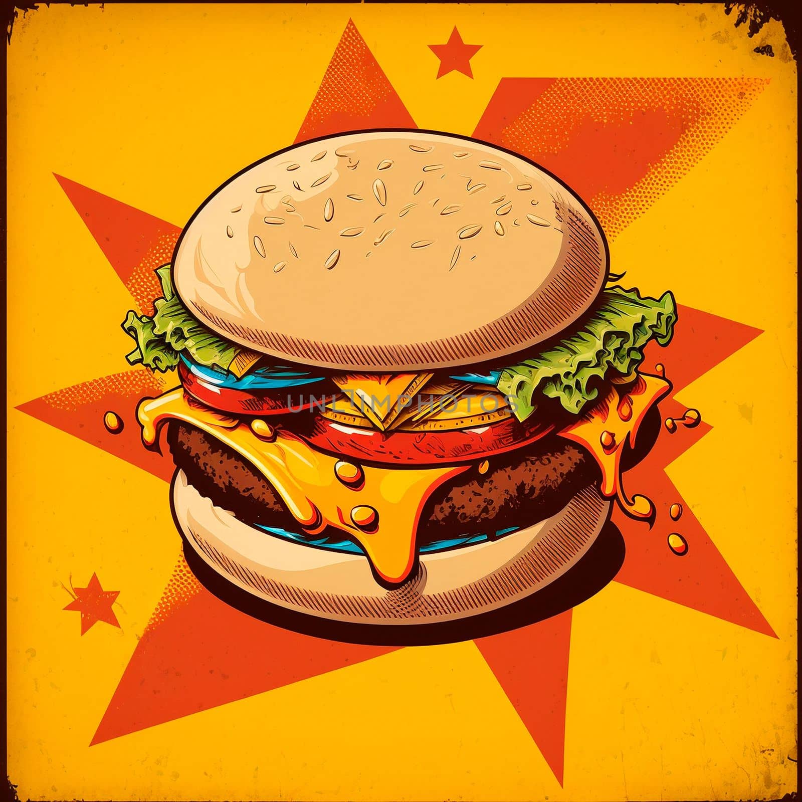 burger image, drawing, retro art. High quality illustration