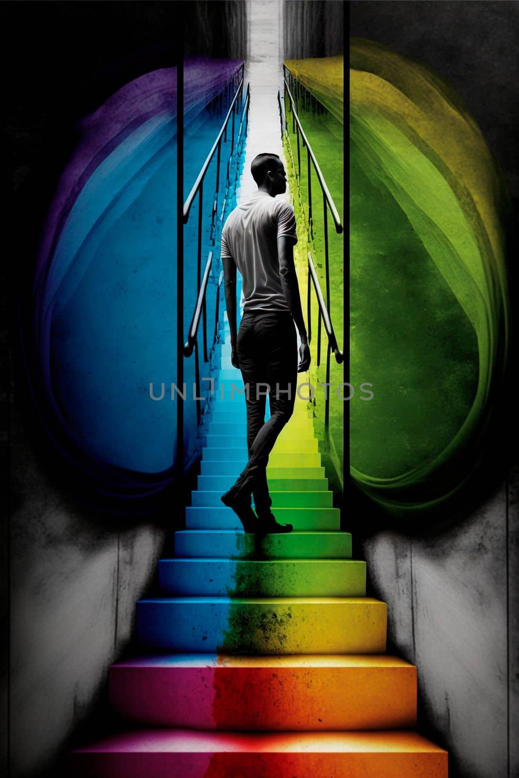 Guy Climbing the stairs, psychedelic colors, searching for himself by NeuroSky