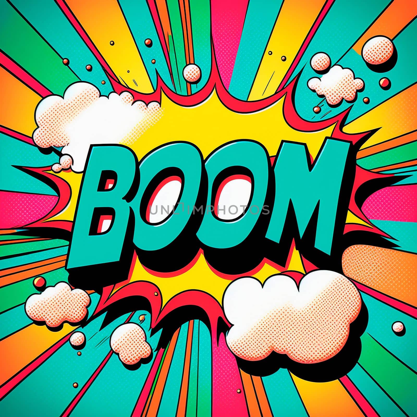 Cartoon sign of burst clouds with the word Boom. High quality photo