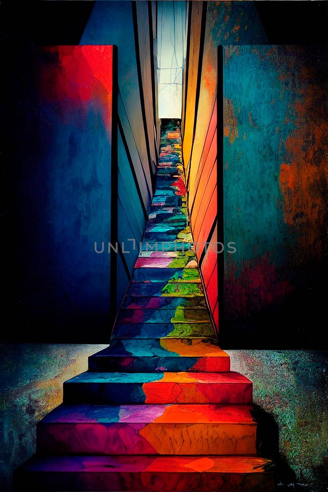 Climbing the stairs, psychedelic colors, searching for himself. Stairway to other world. High quality illustration