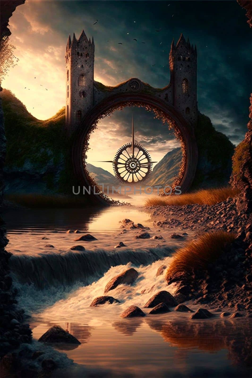 Castle on the magic river, the water flows through a round arch. High quality illustration