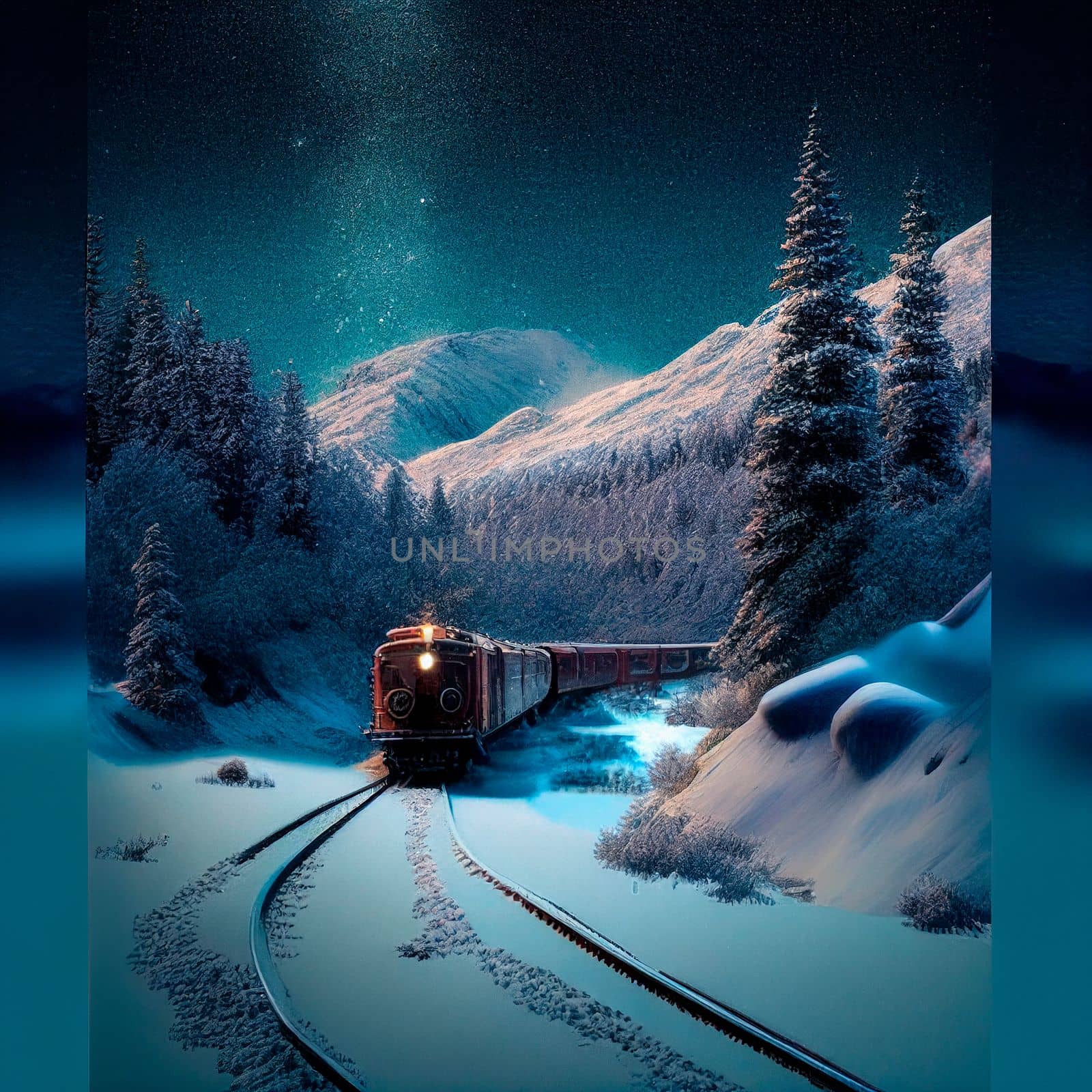 Winter train rides in snowy mountains. A beautiful winter fairy tale. High quality illustration