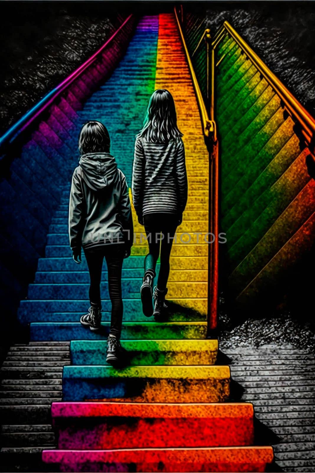 Two girls Climbing stairs, psychedelic colors, searching for themselves. High quality illustration