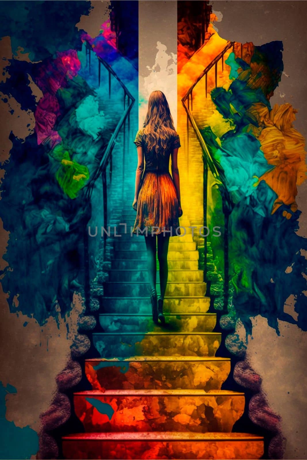 Girl climbing stairs, psychedelic colors, finding herself. High quality illustration