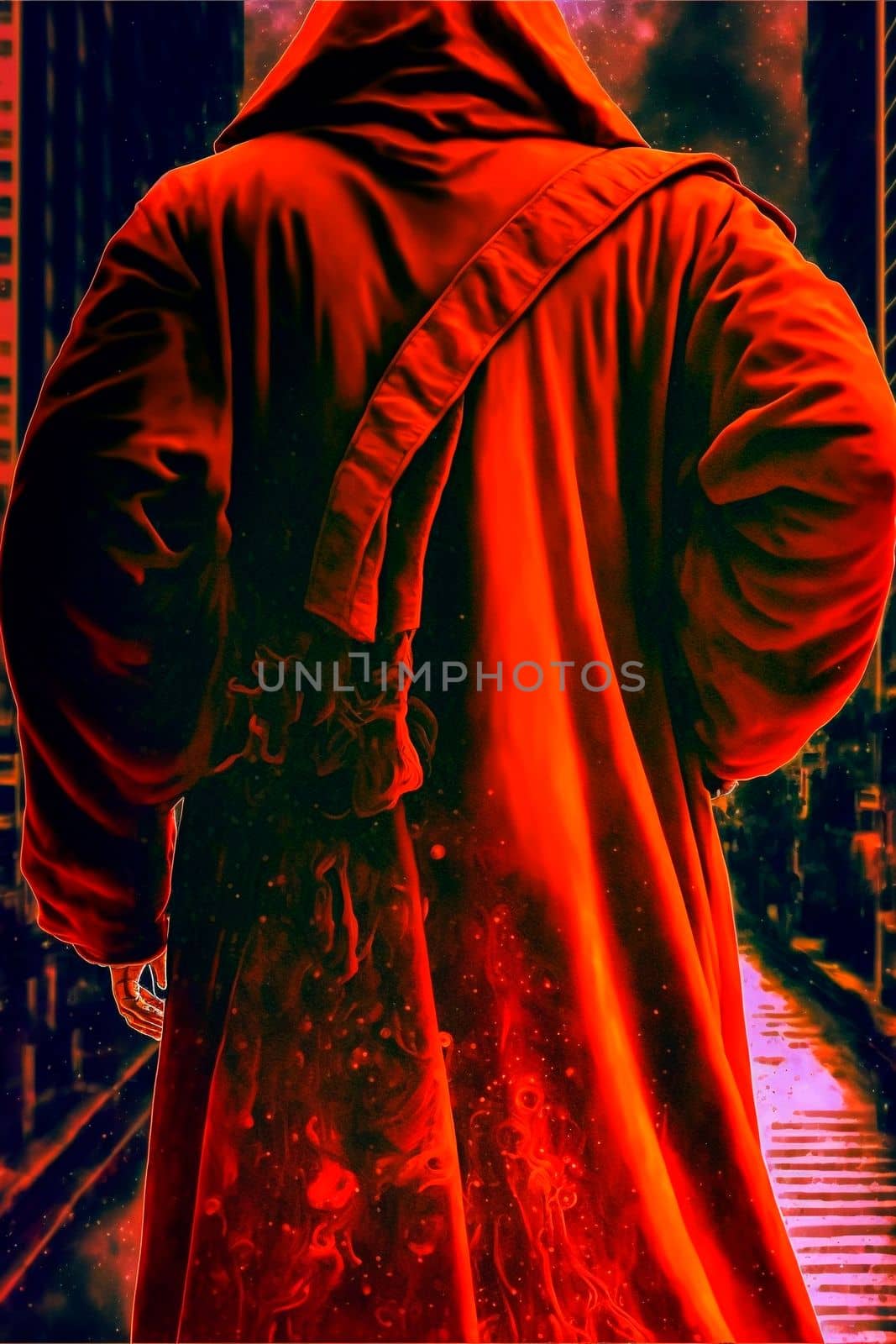 A man in an orange cloak is walking up the stairs. High quality illustration