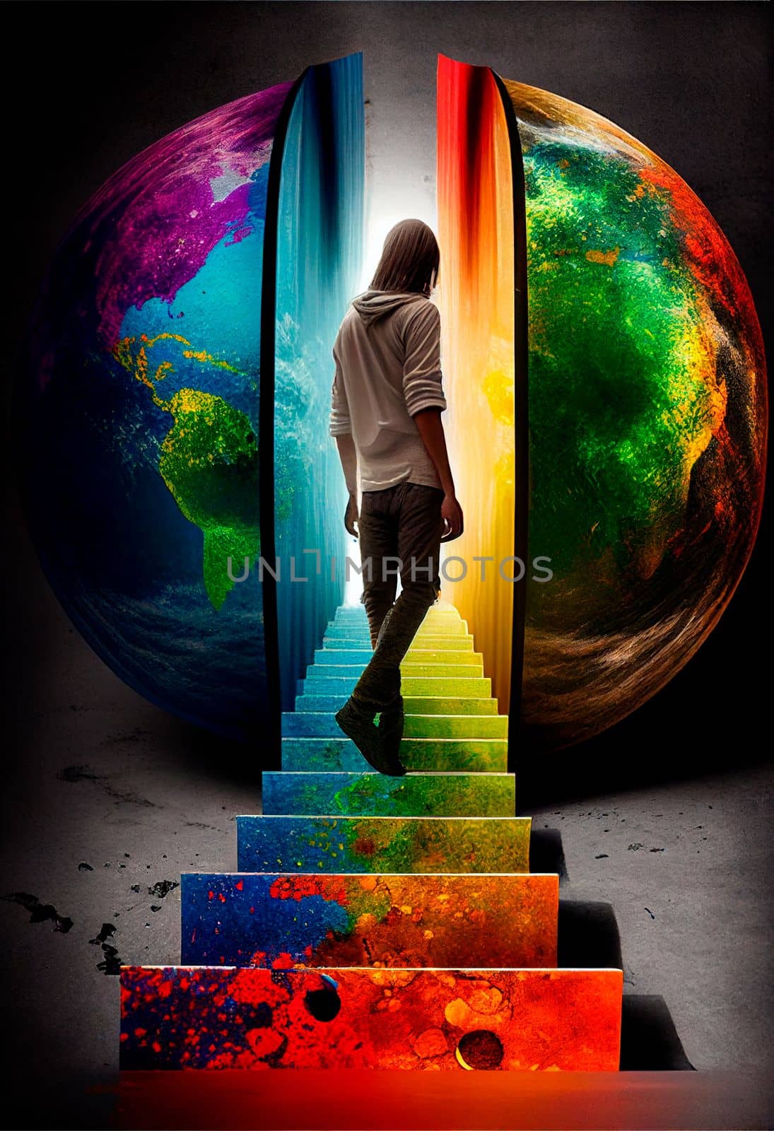 Guy Climbing the stairs, psychedelic colors, searching for himself. High quality illustration