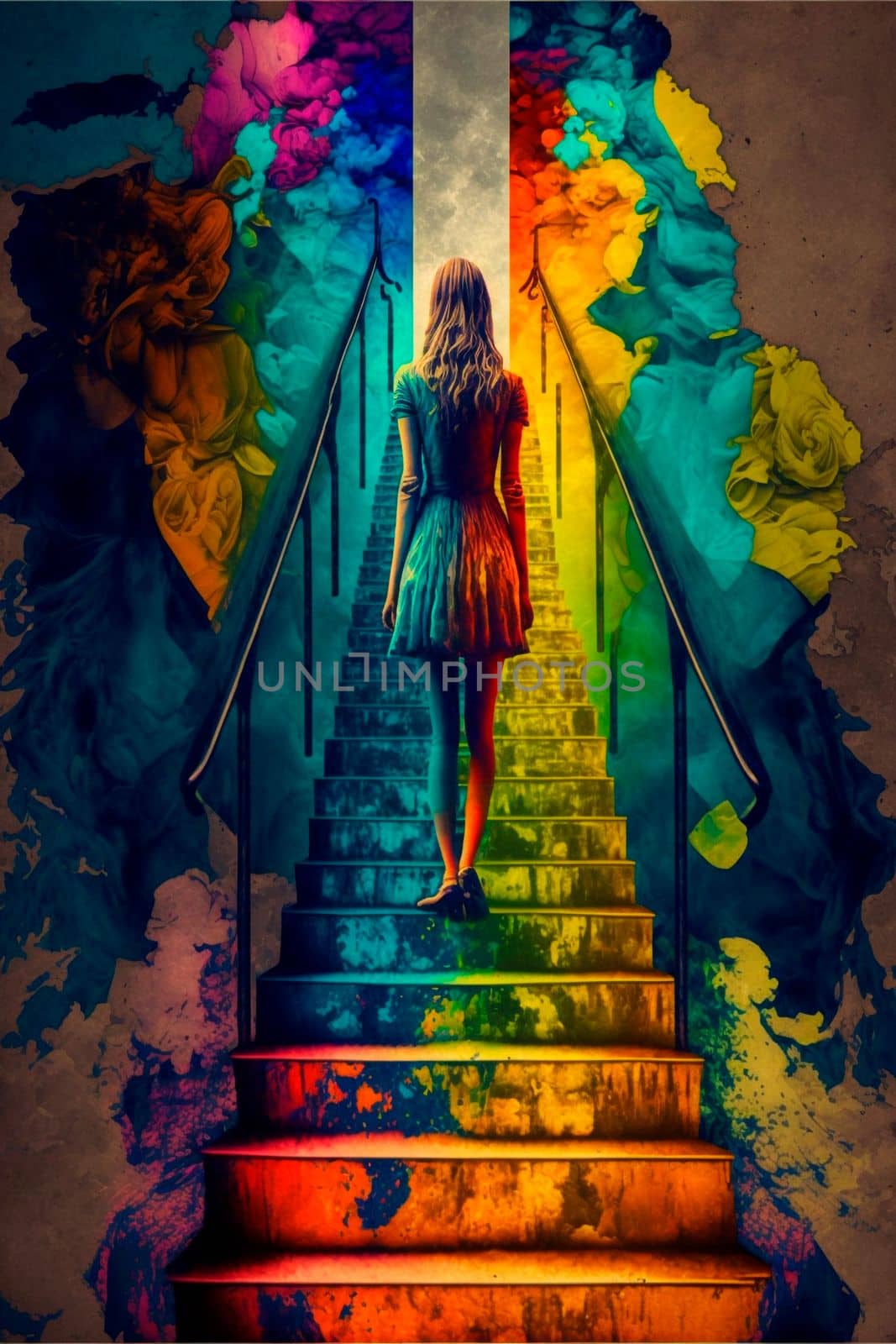 Girl climbing stairs, psychedelic colors, finding herself. High quality illustration