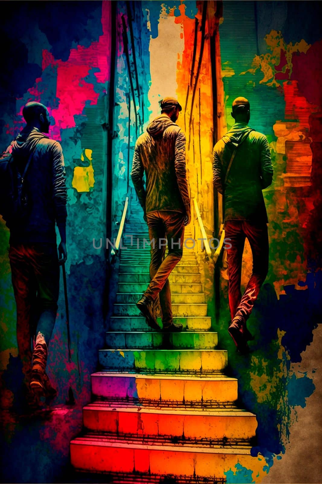 gangster and his friends Climbing stairs, psychedelic colors, finding yourself. High quality illustration