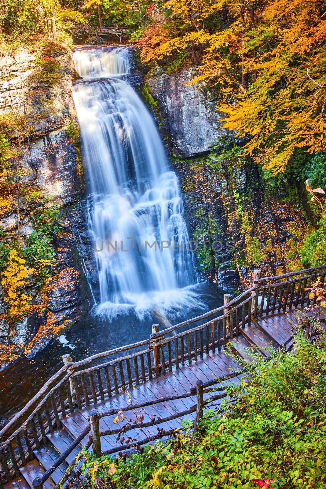 Image of Boardwalk along viewing cliffs of stunning waterfall surrounded by fall leaves and foliage