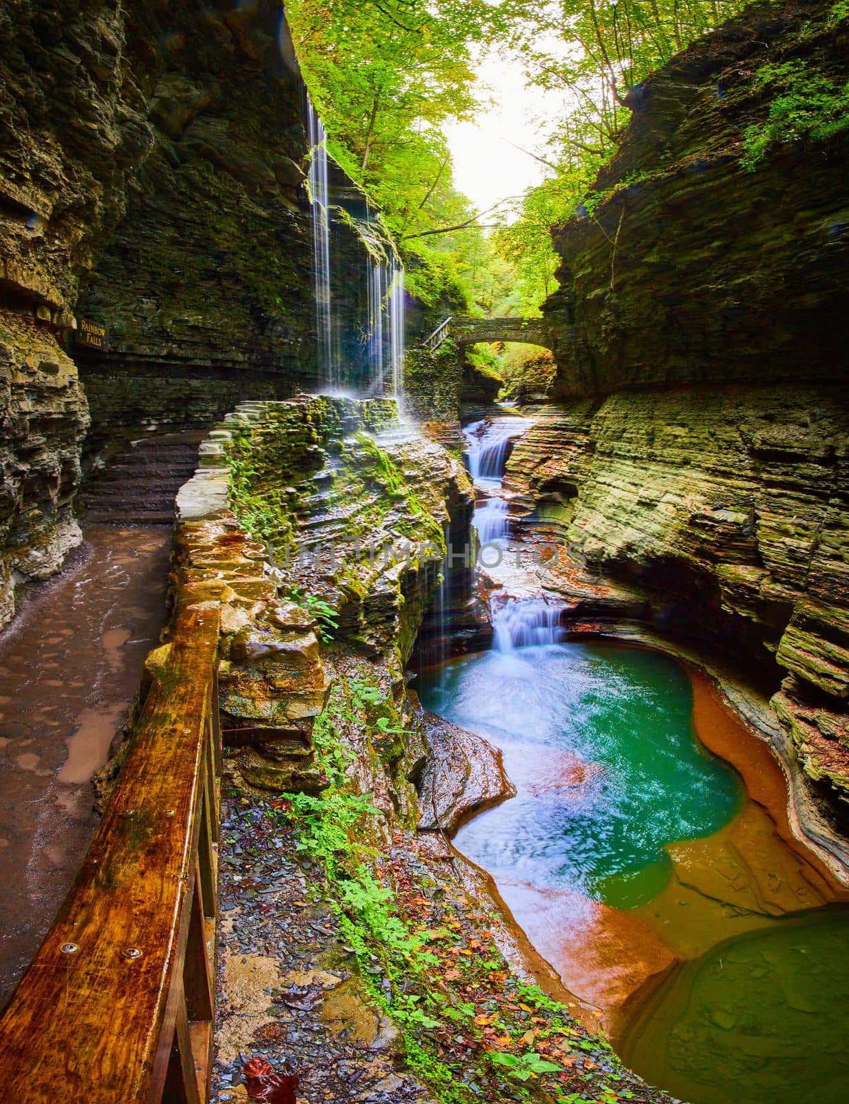 Image of Watkins Glen in Upstate New York of Rainbow Falls during fall