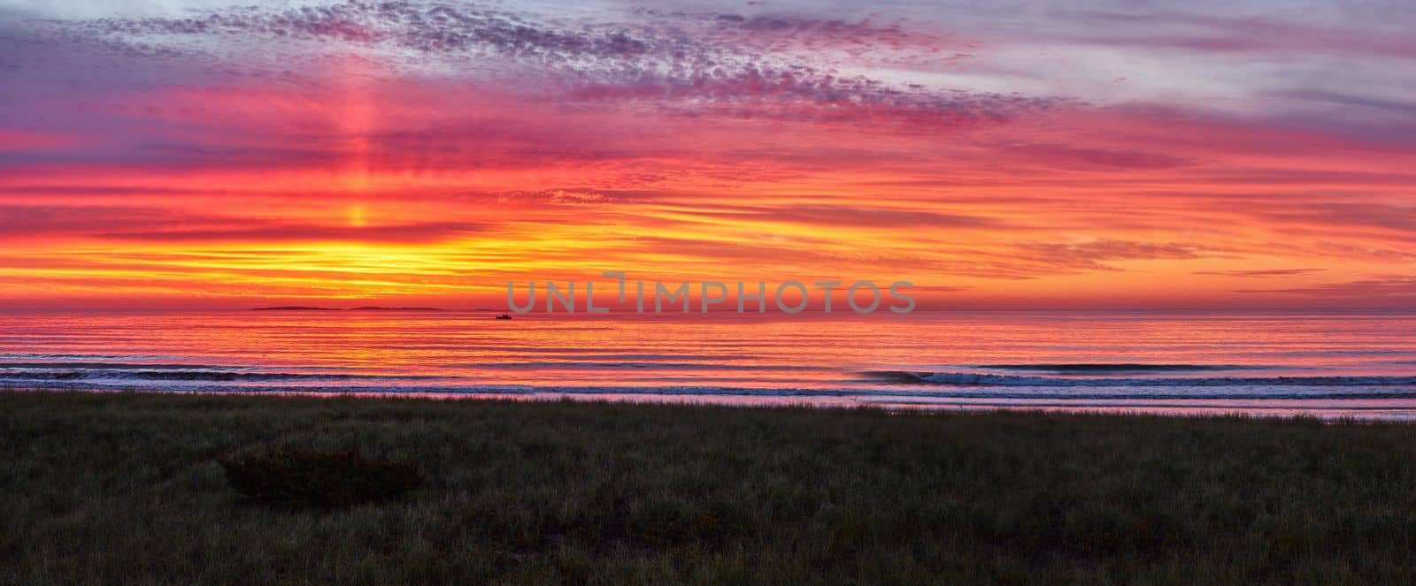 Image of Panorama of Maine east coast beach during beautiful sunrise with golden light