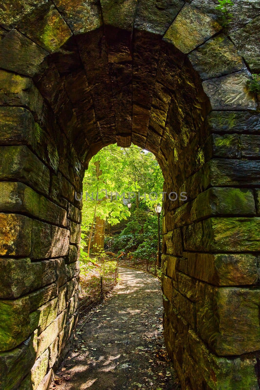 Image of Stone arch tunnel in detail going into woods on trail in Central Park New York City