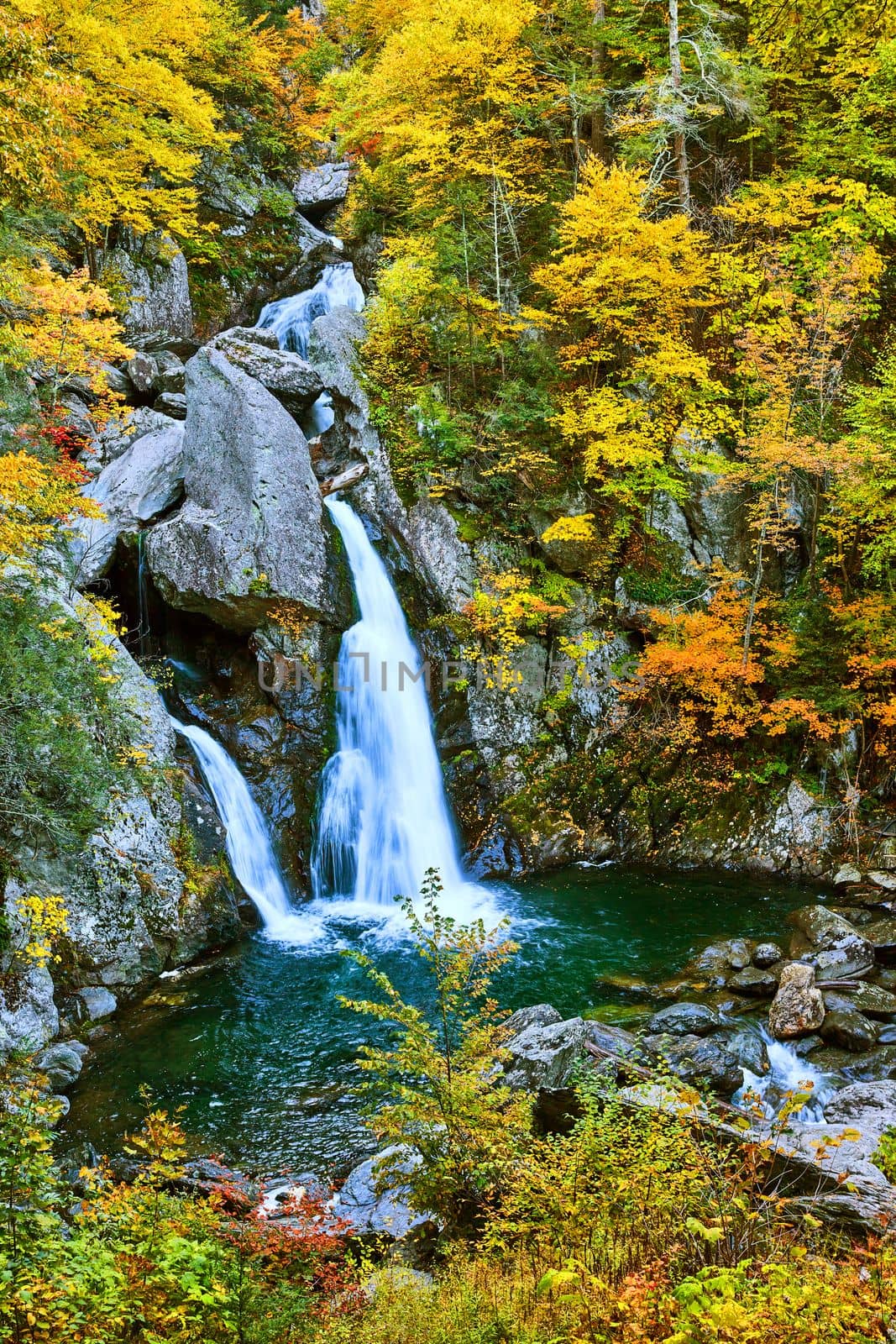 Image of Stunning Upstate New York waterfall surrounded by yellow fall foliage