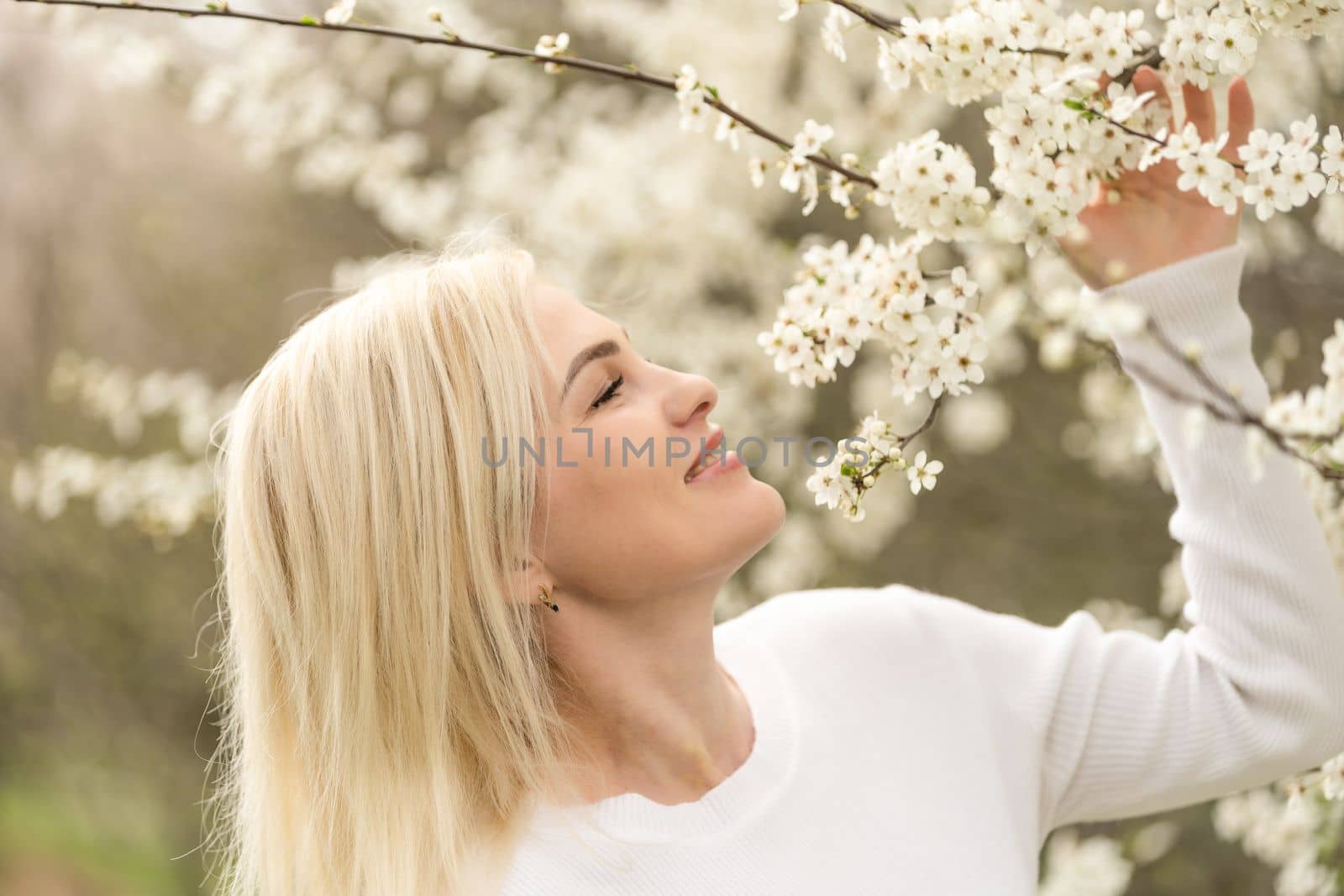 Portrait of a young woman in a blooming orchard. Blonde woman by Andelov13